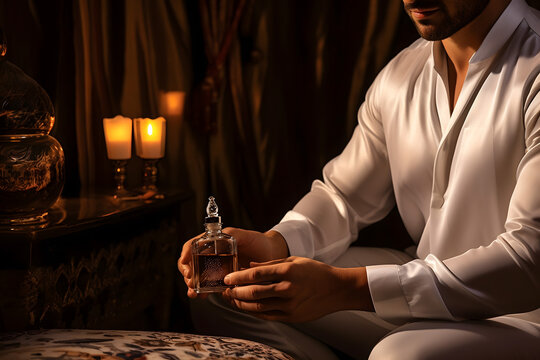 Arab man with white gamis in his room enjoy oil parfume