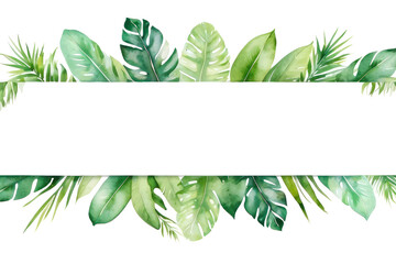 Watercolor of green floral banner with palm leaves on transparent background - obrazy, fototapety, plakaty