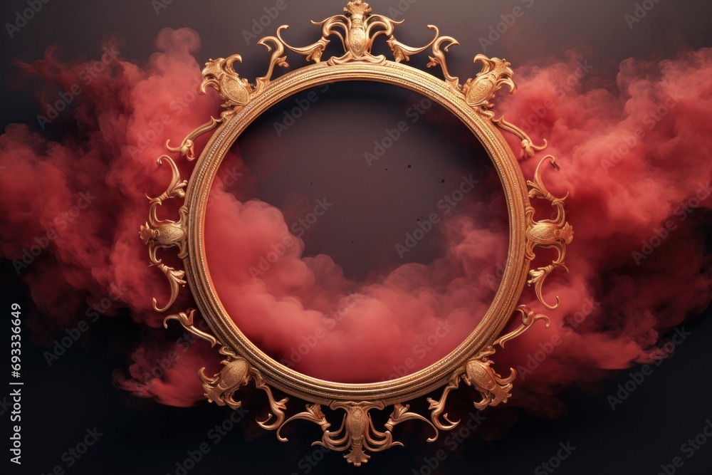 Poster A gold frame with a red cloud in the background. Suitable for various applications