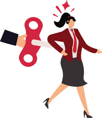 Tired Businesswoman with wind up key, Tired woman with wind up key has run out of power