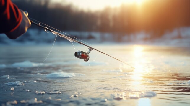 A person is pictured holding a fishing rod on a frozen lake. This image can be used to depict winter activities and the joy of ice fishing