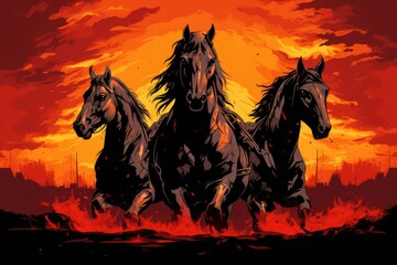 Obraz na płótnie Canvas Three horses running in the beautiful sunset with a cityscape in the background. Ideal for capturing the majestic beauty of nature and the urban landscape.