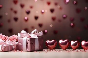 Fototapeta na wymiar Gift, balloons, bow, heart: Valentine's Day, Christmas, Mother's Day, March 8, World Women's Day, Birthday, Wedding Day