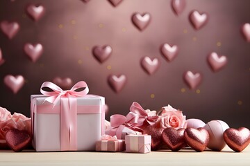 Fototapeta na wymiar Gift, balloons, bow, heart: Valentine's Day, Christmas, Mother's Day, March 8, World Women's Day, Birthday, Wedding Day
