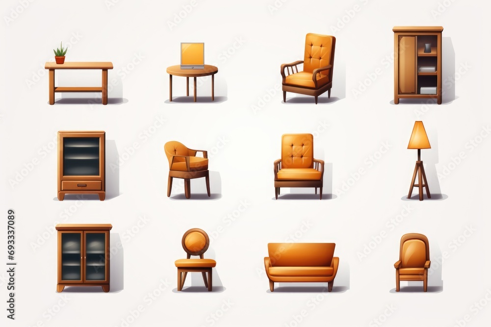 Poster A collection of different types of furniture displayed on a clean white background. This versatile image can be used for interior design, home decor, furniture catalogs, and more