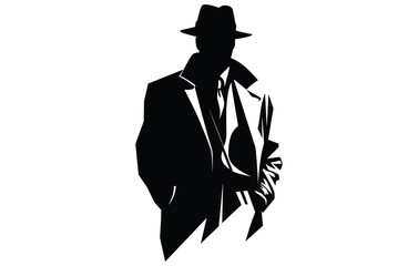 detective logo, silhouette of man wear hat and coat - obrazy, fototapety, plakaty