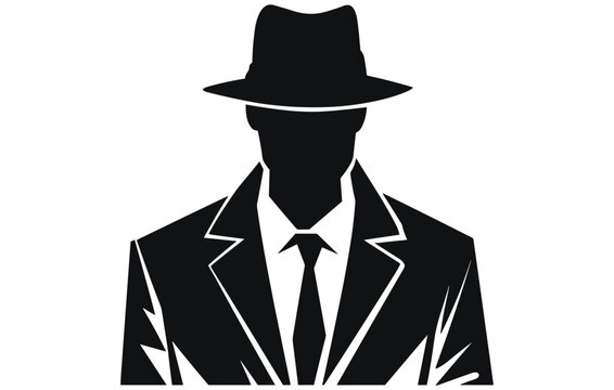 detective logo, silhouette of man wear hat and coat