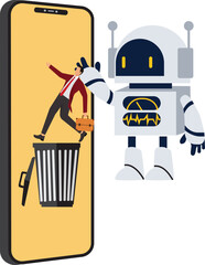 Giant robot throwing man in a trash
