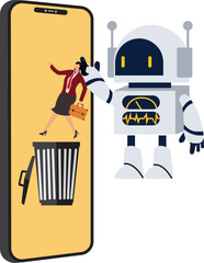 Giant robot throwing businesswoman in a trash