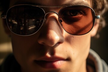 A close-up shot of a person wearing sunglasses. Suitable for various purposes