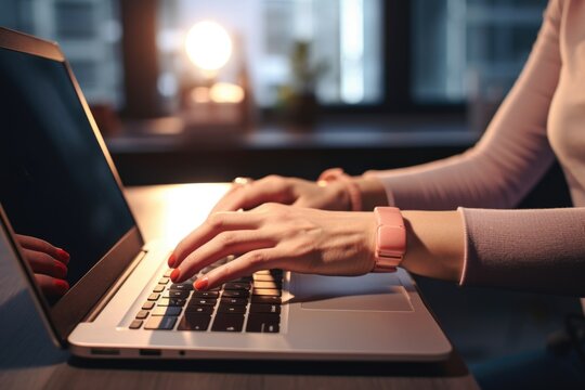 A woman is seen typing on a laptop computer. This versatile image can be used to depict various concepts related to technology, work, communication, and productivity