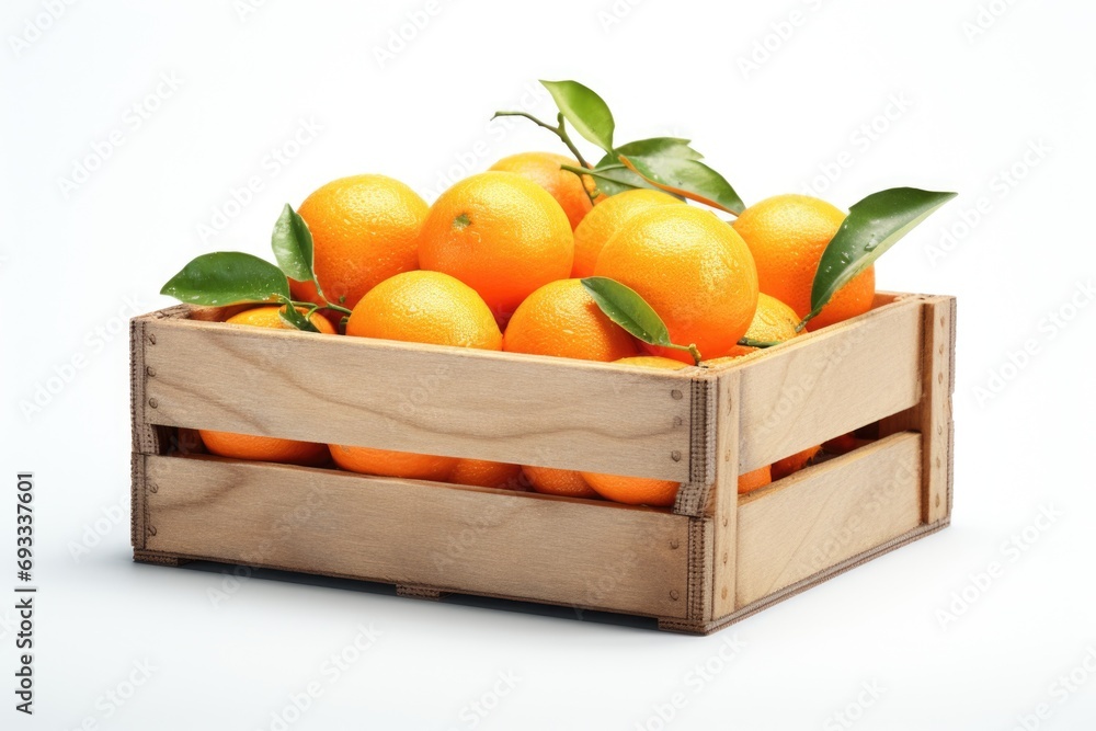 Poster a wooden crate filled with oranges sitting on a white surface. ideal for food-related projects or ci