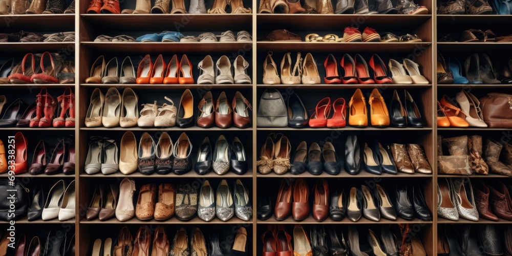 Poster A collection of various types of shoes displayed on a shelf. Ideal for fashion enthusiasts or shoe lovers
