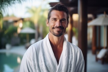 Portrait of handsome man in bathrobe standing by swimming pool at resort - obrazy, fototapety, plakaty