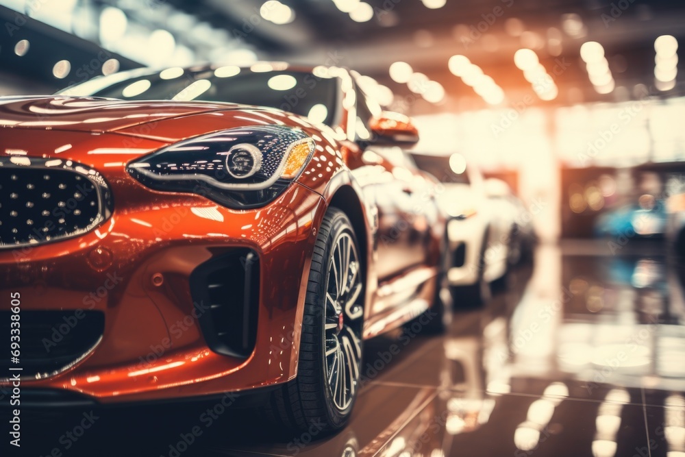 Poster a detailed view of a car in a showroom. this image can be used to showcase the features and design o