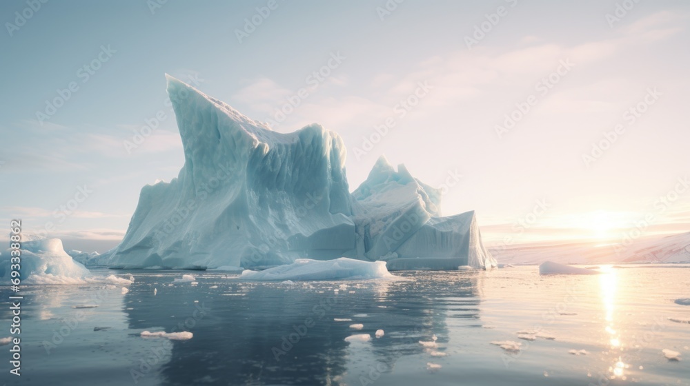 Poster an iceberg floating in the middle of a body of water. can be used to represent the beauty and danger