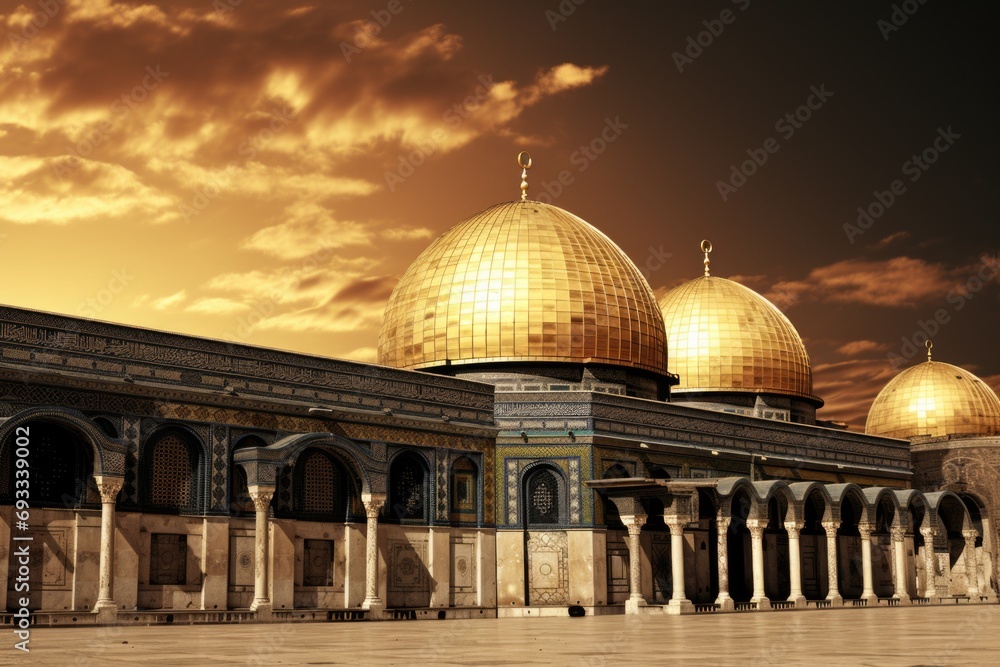 Poster a picture of a large building with two golden domes on top. can be used to showcase architectural be