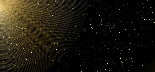 黒の背景にキラキラと光り輝く金の糸と舞い散る金粉　曲線デザインのテクスチャ素材