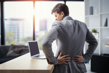 A man in a business suit standing at a desk with his back to the camera. Suitable for business-related projects and presentations