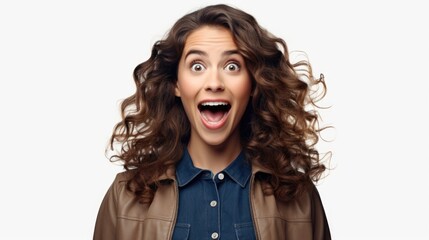 A woman with a surprised expression on her face. This image can be used to depict shock, astonishment, or unexpected reactions