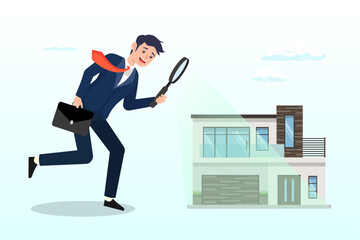 Smart businessman using magnifying glass zooming to see house or residential details, searching for new house, look for real estate and accommodation valuation or new rent and mortgage (Vector)