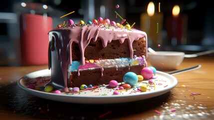 Fototapeta na wymiar Birthday cake with chocolate glaze and candies on the table