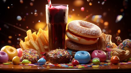 Hamburgers, french fries and cola on bokeh background - obrazy, fototapety, plakaty
