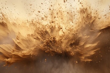 A large dust cloud is seen billowing out of the ground. This image can be used to depict natural phenomena, environmental issues, or as a visual representation of chaos and disruption - obrazy, fototapety, plakaty