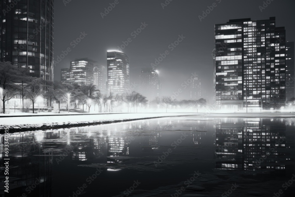 Poster a captivating black and white photo showcasing the beauty of a city at night. perfect for adding a t