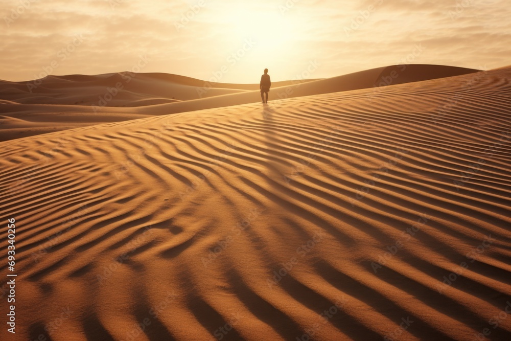 Poster a person standing alone in the vast expanse of a desert. this image can be used to depict solitude, 