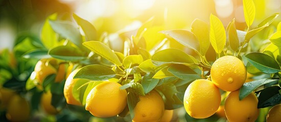 Shallow depth of field shot of lemon plant outdoors in sunny vegetable garden. - obrazy, fototapety, plakaty