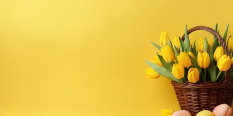 yellow tulips in easter basket for seasonal easter event, copy space background