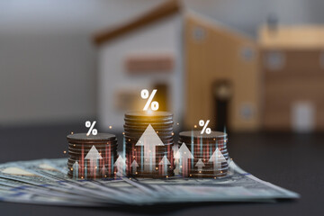 Interest rate and dividend for home loan concept. Coin with up arrow and percent symbol for...