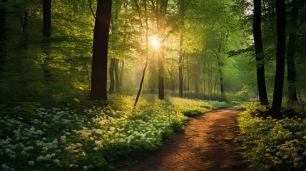 The play of light and shadow among the leaves captures the essence of a serene spring sunset in the woods.