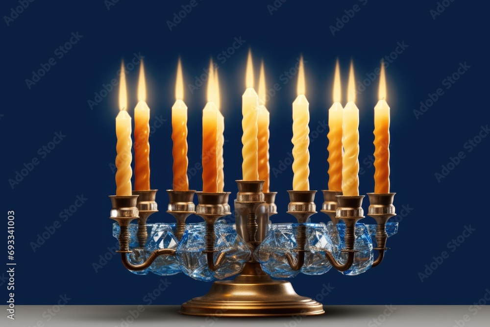 Poster a beautiful golden menorah with five lit candles. perfect for celebrating hanukkah or adding a touch
