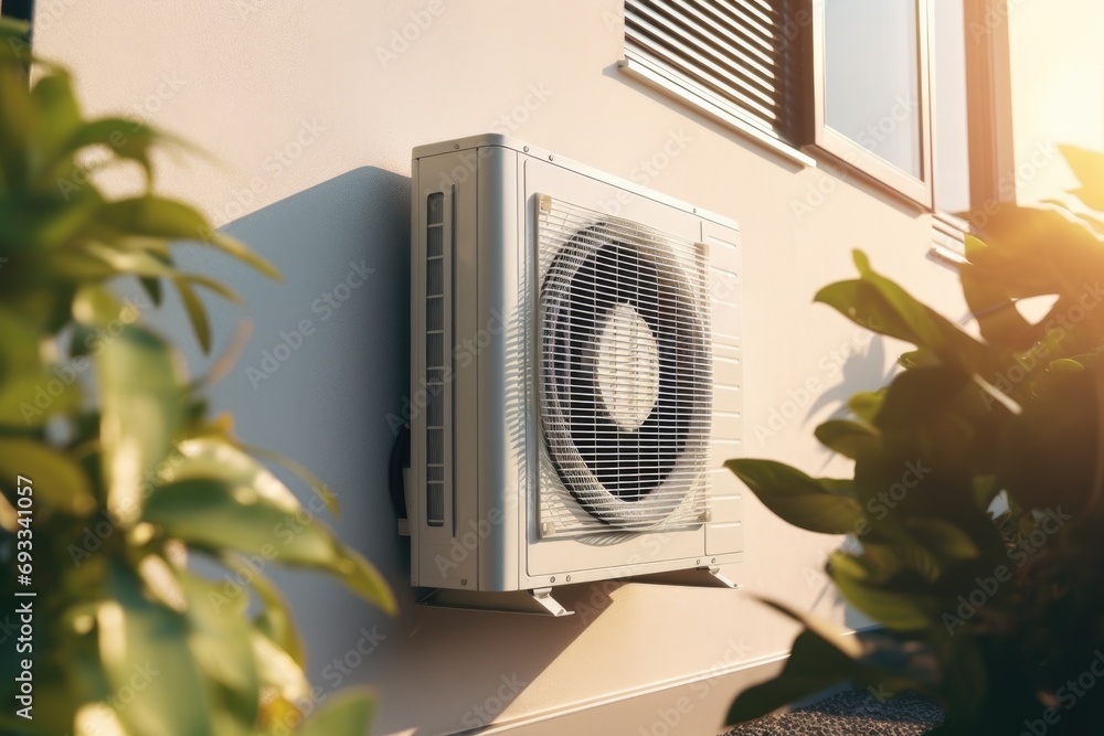 Poster An air conditioner mounted on the side of a building. Perfect for illustrating the use of cooling systems in architecture