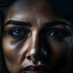 An image of a close up view of a woman's face who is suffering from domestic violence abuse. The light is dim and there is fear and sadness in her face.