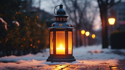 A lantern is illuminated on a sidewalk covered in snow. Perfect for winter scenes and...