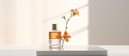 Mock up of a natural skincare product with a glass vial and organic flower on a white podium. Packaging for serum, essence, or perfume.