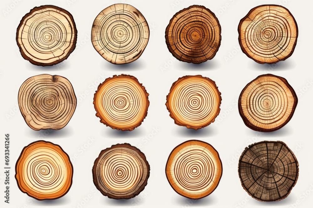 Poster a collection of nine distinct tree rings showcasing the growth patterns and age of various trees. pe