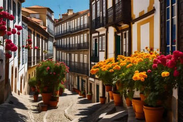 Fototapeta na wymiar The city's historical center features classic homes with potted flowers by the doors