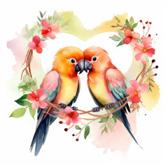 Romantic clipart featuring a heart wreath, love elements, and happy cute love birds. Perfect for anniversary designs. Watercolor illustration.