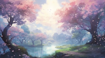 Fototapeta na wymiar The sky transforms into a canvas of pastel hues, casting a dreamlike glow on the serene springtime forest.