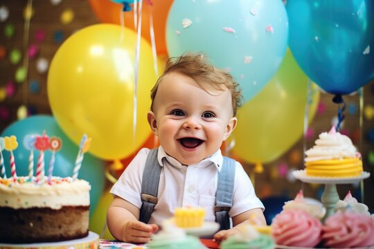 Joyful baby boy celebrating first birthday with colorful balloons and cake. Child birthday party.