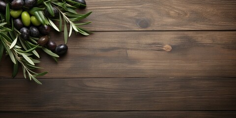 Mockup template with olive tree and empty wooden table top, featuring ripe black olives and olive branch close-up.
