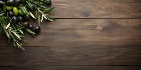 Gordijnen Mockup template with olive tree and empty wooden table top, featuring ripe black olives and olive branch close-up. © Vusal