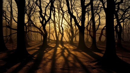 The sun dips low, casting long shadows through the trees, creating a captivating springtime silhouette.