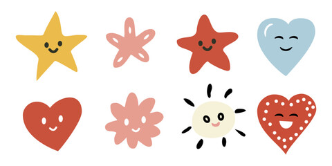 set of stars flowers and heart shape with smile. design elements