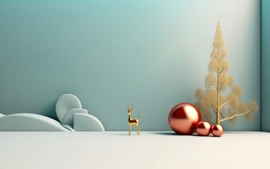 Podium with christmas decoration by deers in the style of light gray and gold. AI generated