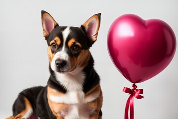 Cute little dog with a Red Heart a balloon. Happy Valentine's Day.